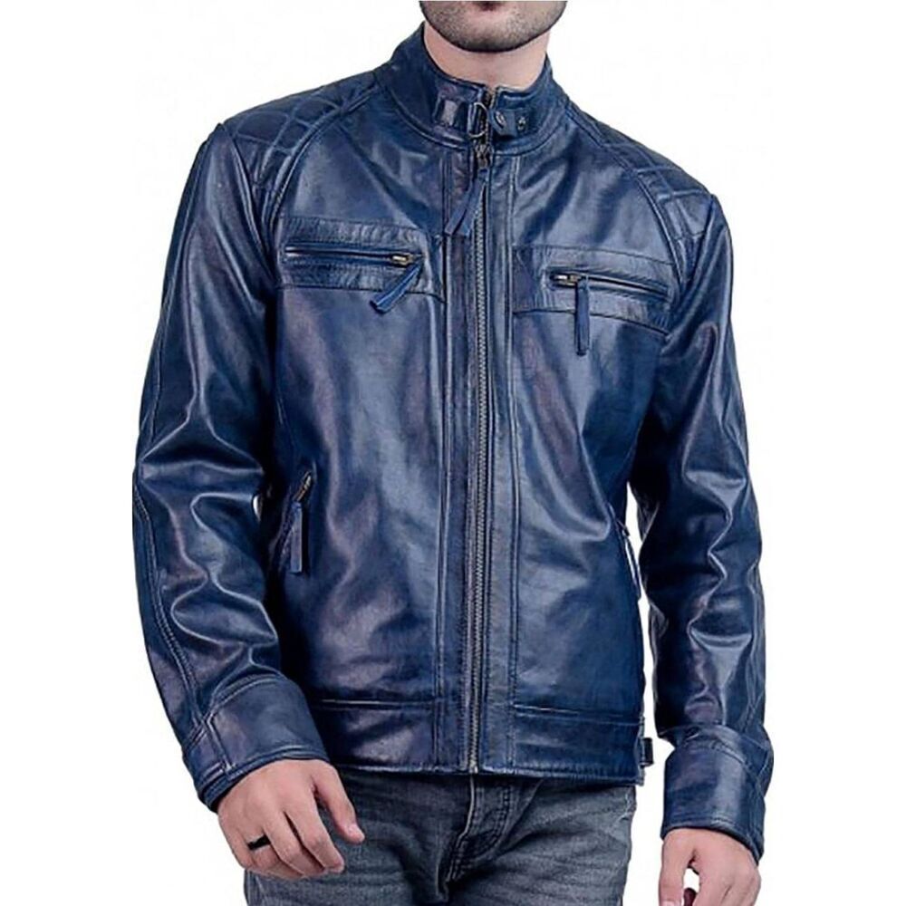 Men's Blue Faux Leather Bomber Jacket